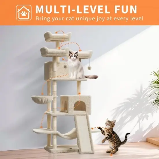 68.5'' Large Cat Tree, Heavy Duty Cat Tower with Condo, Plush Perches, Sisal Scratching Posts, Hammocks, Basket, Dangling Ball image {1}
