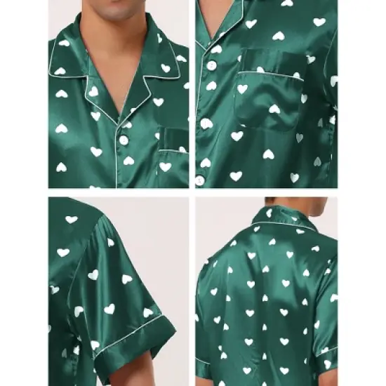 Lars Amadeus Men's Satin Pajama Set Cute Heart Print Button Down Short Sleepwear Loungewear Pjs Sets image {4}