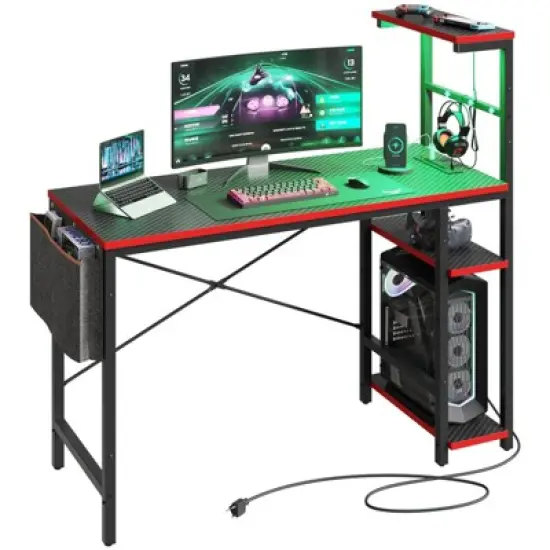 Bestier 44&rdquo; Gaming Desk with Power Outlets & USB Ports, LED PC Gamer Desk with 4-Tier Storage Shelves, Computer Office Desk for Small Spaces image {9}