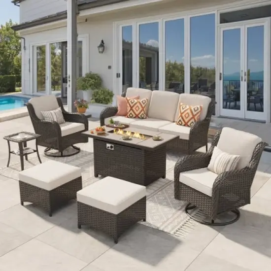 Ovios Orlando 7pc Brown Wicker Outdoor Patio Furniture Conversation Sofa Set with a Rectangle Fire Pit, Swivel Chairs and Cushions image {9}