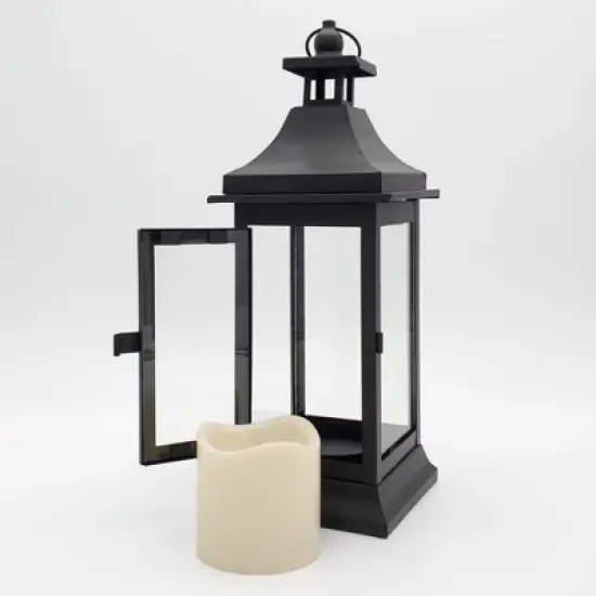 LumaBase Metal Lantern with Battery-Operated Candle - 13" Black image {7}