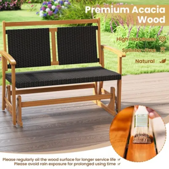 Tangkula Patio Rattan Glider Bench Swing Gliding Rocker for 2 w/ Acacia Wood Frame image {7}