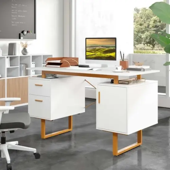 Costway 51" Home Office Desk with Floating Desktop Dual Drawers Cabinet & Metal Frame image {4}