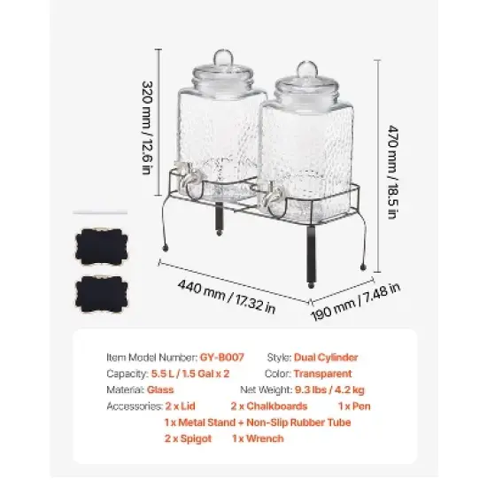 VEVOR Beverage Dispenser, 2 Pack 1.5 Gallon Drink Dispensers for Parties, Glass Juice Dispenser with Metal Stand, Stainless Steel Spigot, Clear image {7}