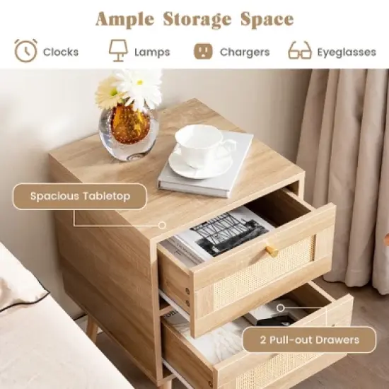 Costway 1/2 PCS Rattan Nightstand Boho Accent Bedside Table with 2 Storage Drawers Natural image {5}