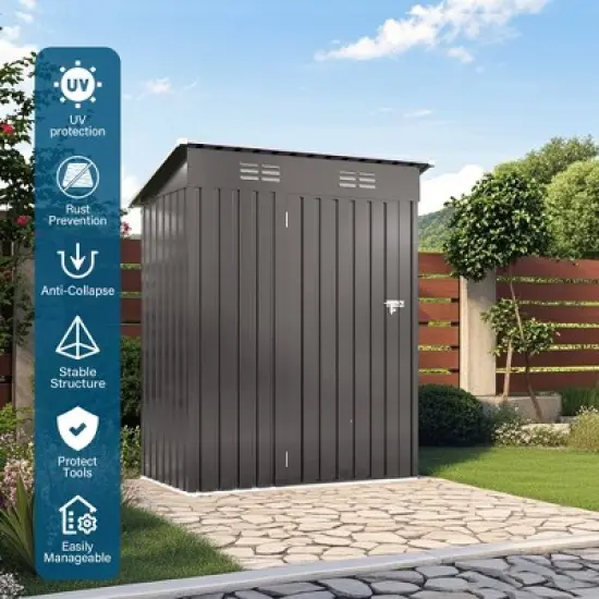 5X3 FT Outdoor Storage Shed, Tool Shed with Pitched Roof and Lockable Door Compact Metal Tool Shed for Garden, Backyard, Patio,Bike Storage, Gray image {3}