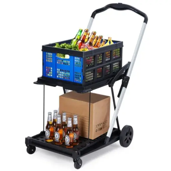 Shopping Cart, 2 Tier Collapsible Folding Grocery Cart with Removable Crate - 198 Lb Capacity, Wheels for Supermarket Home Blue image {7}