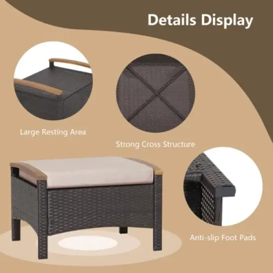 Tangkula Outdoor PE Wicker Ottoman Set of 2 Patio Rattan Footrest Seat with Soft Cushions & Curved Acacia Wood Handles Beige/Navy Blue/Red/Off White image {7}