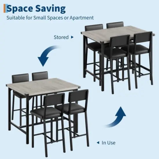 5-Piece Counter Height Dining Table Set for 4, Rustic Gray Kitchen Table with Footrest & Corner Guards, 4 Upholstered Bar Stools with Backrests image {6}