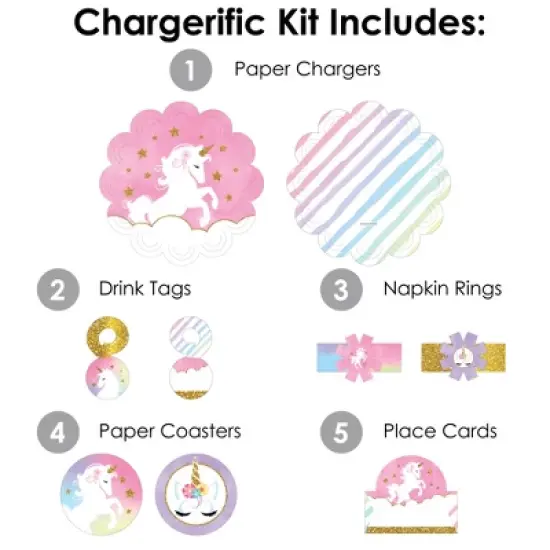 Big Dot of Happiness Rainbow Unicorn - Magical Unicorn Baby Shower or Birthday Party Paper Charger & Table Decorations Chargerific Kit for 8 image {2}
