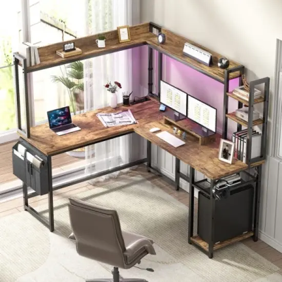 Aheaplus Reversible L-Shaped Computer Desk with Storage Shelf, Home Office Desk with Charging Station, Led Light image {9}