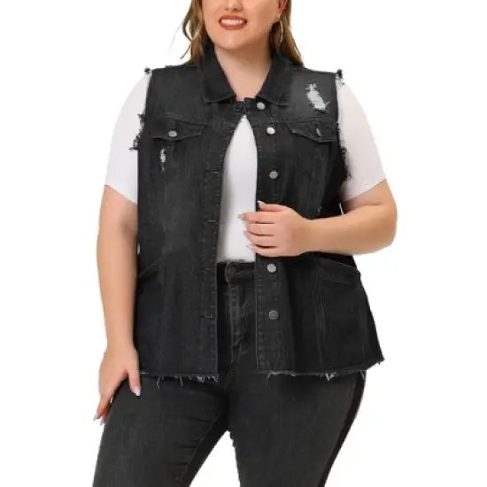 Agnes Orinda Women's Plus Size Denim Button Down Raw Hem Denim Vests image {13}