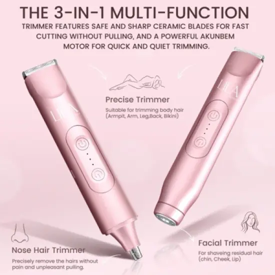 LILA by AKUNBEM Glow G1 Pro 3-in-1 Women's Bikini Trimmer, Facial Shaver & Nose Hair Trimmer - Waterproof, Portable, with USB Charging image {1}