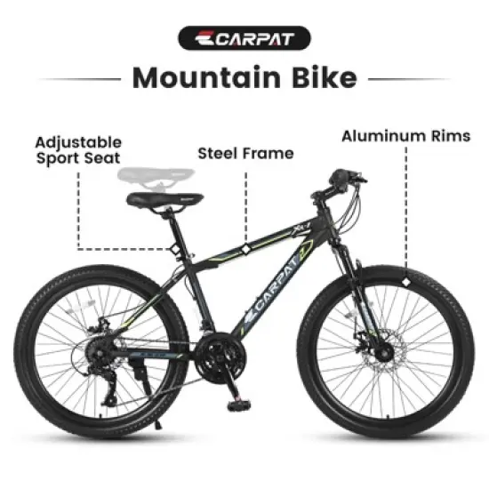 INFURNIC Bicycles 24 Inch Mountain Bike with Shimano 21 Speeds and Dual Disc Brakes for Teens, Green, 56.3"*7.88"*28.35" image {1}