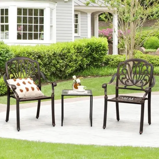 Tangkula 2 Pieces Cast Aluminum Chairs Set of 2 Stackable Patio Dining Chairs w/ Armrests image {1}