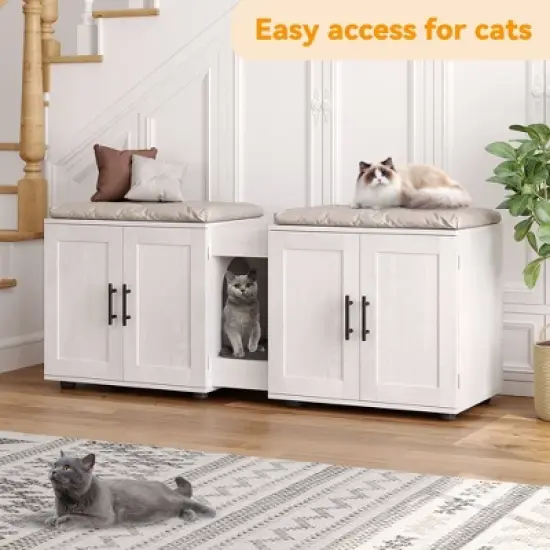 Whizmax Litter Box Enclosure for 2 Cats, Cat Hidden Litter Box Enclosure Furniture with Double Room, Wooden Enclosed Cat Litter Box Furniture,White image {7}
