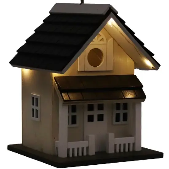 Sunnydaze 9.25" Cozy Home Wood Hanging Bird House with Solar Light Cream image {6}