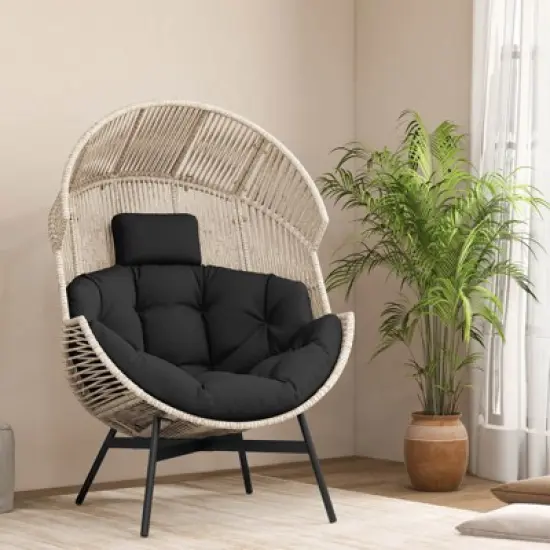 Costway Oversized Egg Style Chair with Cushions & Headrest Heavy-Duty Metal Frame for Yard Off White/Grey/Black image {1}
