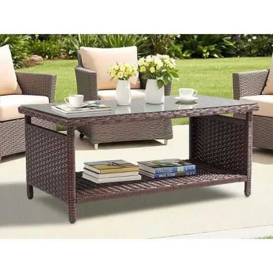 Karl Home| 2-Layer Brown Outdoor Wicker Coffee Table With Glass Tabletop image {4}