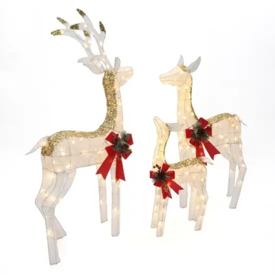 LuxenHome Lighted White & Gold Glitter Deer Family Set, Indoor/Outdoor Christmas Decoration White, Gold, Red, Green image {6}