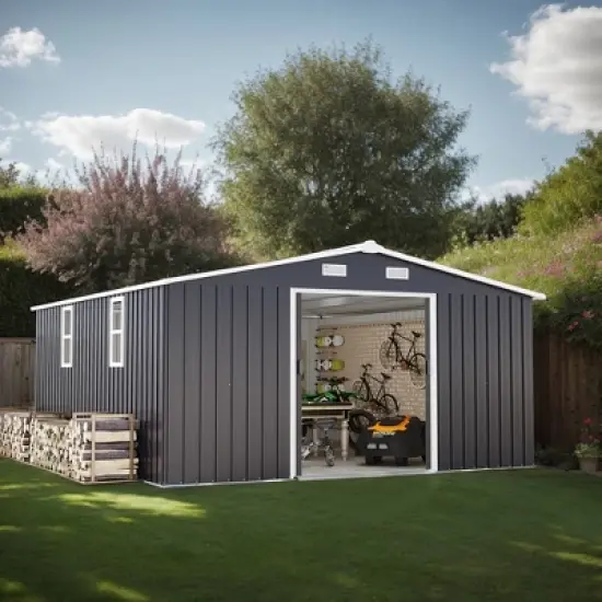 10x12 FT Outdoor Storage Shed with Sliding Doors Two Windows, Open Outdoor Shed for Wood Storage image {6}