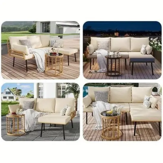 Acekool 3 Piece Patio Set Beige Rattan L-Shaped Sectional Sofa with Chaise Thick Cushions and Tempered Coffee Table for Deck Poolside Backyard Porch image {5}