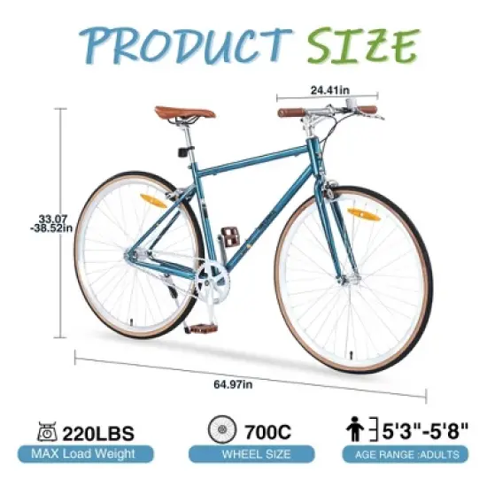 NAYSAYE Bicycle Single Speed Retro Style 700C Road Bike Steel Frame for Men and Women for City Rides, Blue, 64.97"*24.41"*38.52" image {4}
