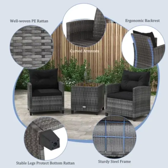 Tangkula 3 Pieces Patio Bistro Set Outdoor PE Rattan Conversation Chair Set with Tempered Glass Side Table and Removable Cushions Black image {4}