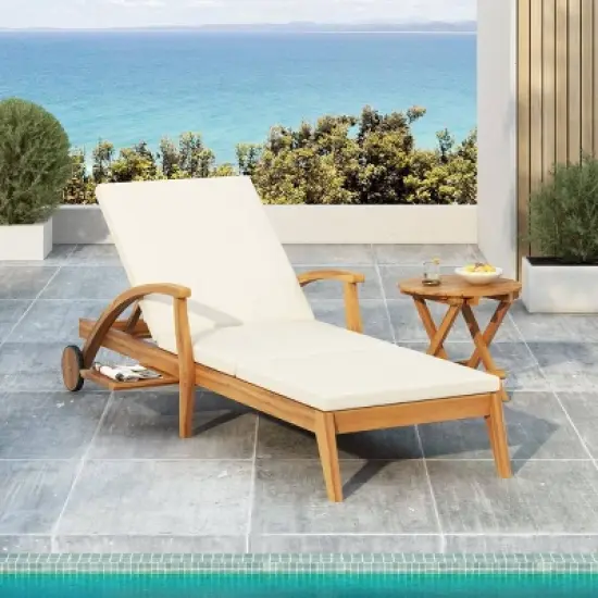 Acacia Wood Chaise Lounge Chair with Wheels,4-Position Adjustable Outdoor Chaise Lounge with Cushion for Patio or Poolside-Cuddlewood image {7}