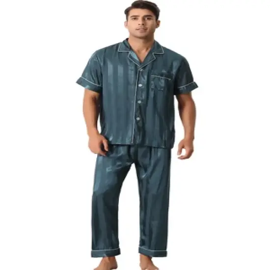 cheibear Men Striped Satin Button Down Short Sleeve Long Pants Pajama Set image {6}