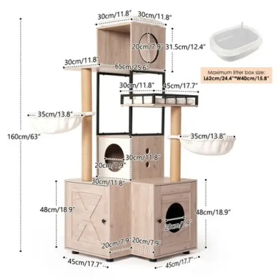 SEVOBAL Pet Tower All-in-One Cat Tree with Litter Box Enclosure, Featuring Hammock, Bed, Food Station, Scratching Posts, Beige, 29.13"*22.83"*9.25" image {2}