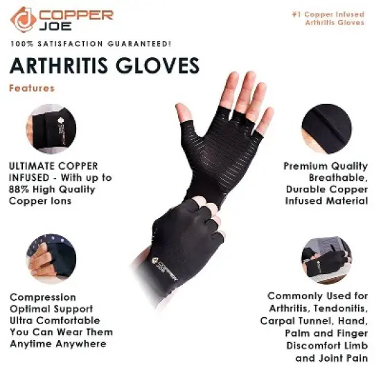 Copper Joe Arthritis Half Finger Gloves - for Gaming, Wrist Support Brace, Carpal Tunnel, Rheumatoid and Tendonitis for Men & Women 1 Pair image {2}