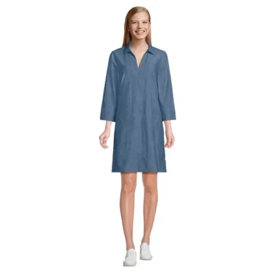 Lands' End Women's Cotton Poplin 3/4 Sleeve Split Neck Dress image {2}