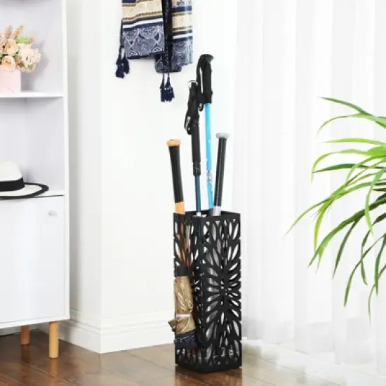 Square Steel Umbrella Stand - Entryway Organizer with Drip Tray & 4 Hooks, Rust-Resistant, Multi-Purpose Use, Black image {1}