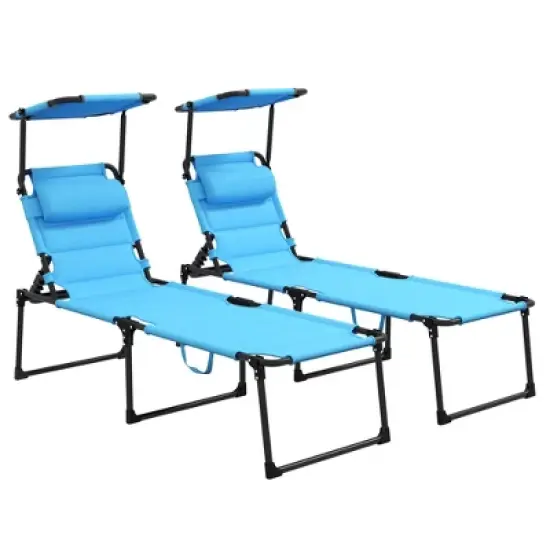 TIRAMISUBEST Set of 2 Adjustable Lounge Chairs - Outdoor Folding Chaise Lounges with Sunshade Roof, Cushioned Headrest (Light Blue) image {10}