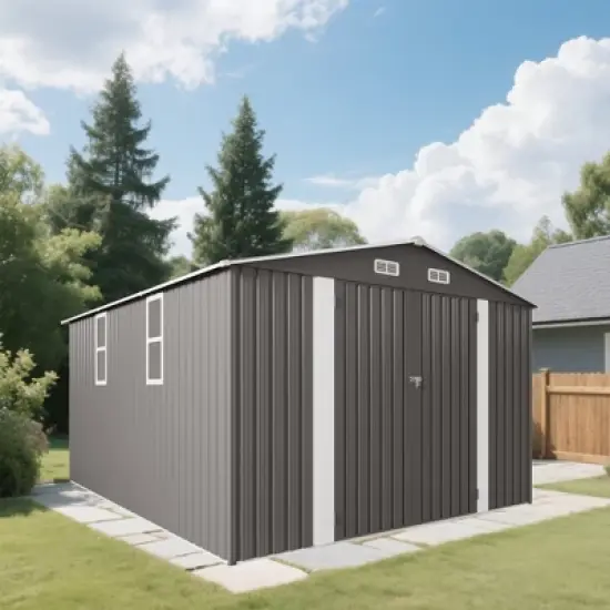 10x12FT Outdoor Storage Shed Large Metal Garden Shed with Double Door Two Window Waterproof Tool Shed for Backyard Patio Lawn Poolside ,Grey image {4}