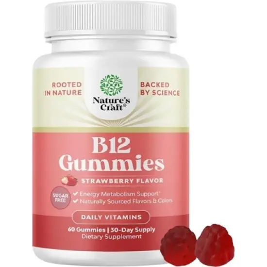 B12 Gummies, Sugar Free Vitamin B12 for Adults Energy, Focus, Immunity, & Nerve Support, Strawberry Flavor, Nature's Craft, 60ct image {7}