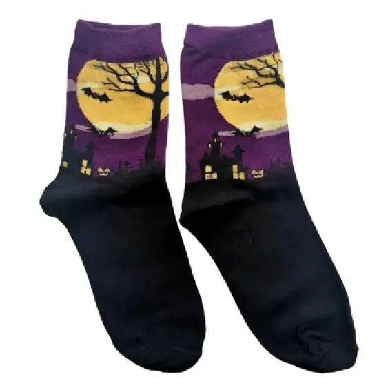 Purple Bat, Haunted House and Tree by the Moon Socks from the Sock Panda - Great for Halloween (Women's Sizes, Adult Medium) image {3}