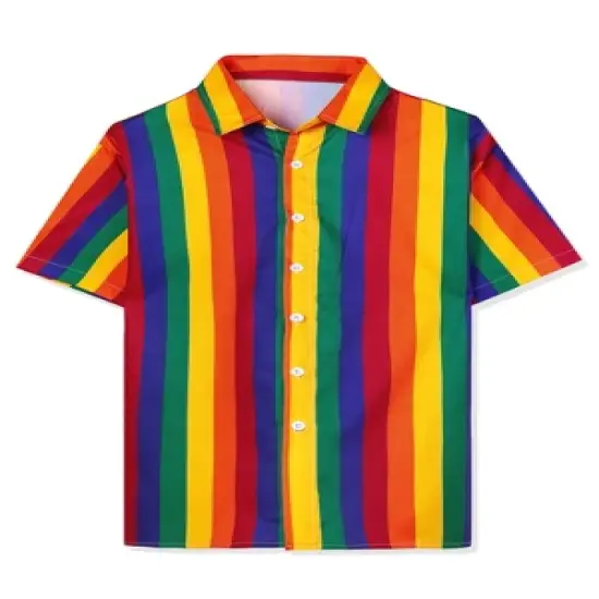Lars Amadeus Men's Summer Rainbow Stripe Print Short Sleeve Button Down Shirts image {6}