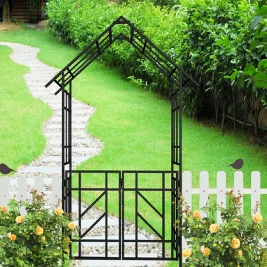 Dolonm Metal Garden Arch with Gate Climbing Plants Support Rose Arch Outdoor Black image {15}