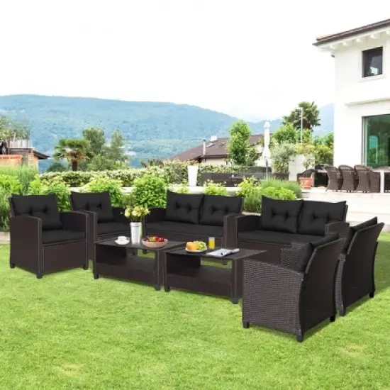 Tangkula 8PCS Outdoor Conversation Set Patio PE Rattan Set w/ Glass Table & Sofa Cushions image {1}