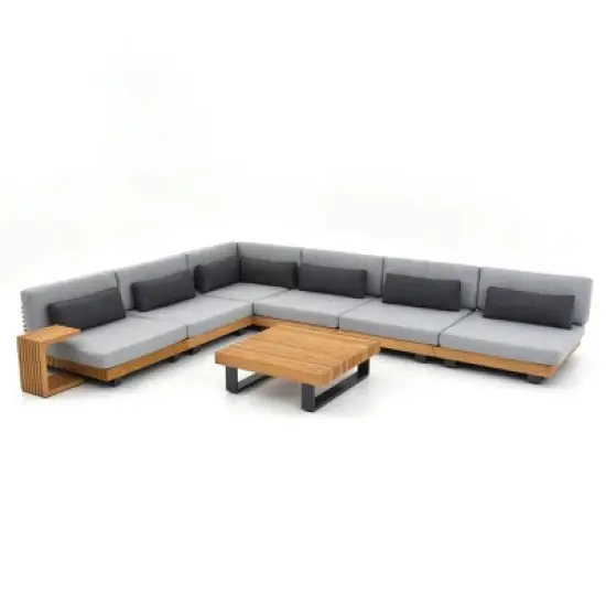 Modular Fabric Outdoor Lounge Suite Sectional Sofa Ensemble w/ TeakTone Wood Accents & Matte Metal Frame Side Table image {7}