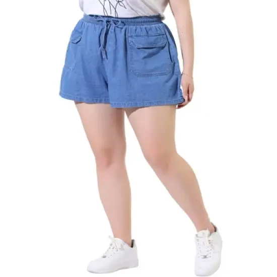 Agnes Orinda Women's Plus Size Drawstring Elastic Waist Pockets Denim Shorts image {7}