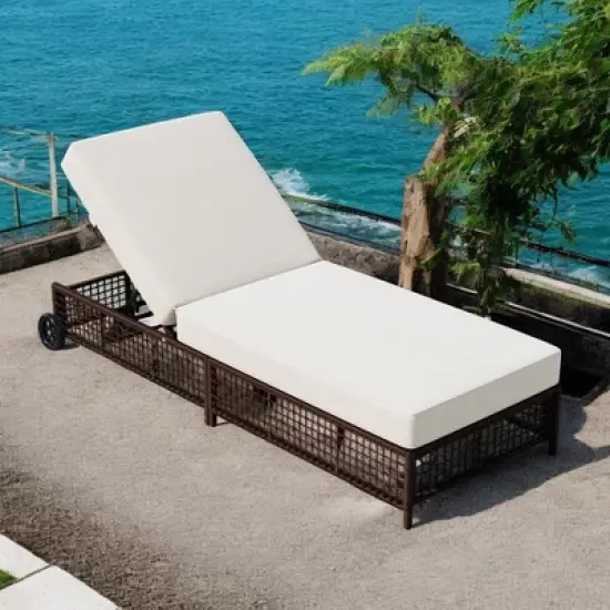 Mshliw Outdoor Lounge Chair with 5-Position Backrest, Rattan Chaise Lounge with Cushion and Wheels for Poolside, Backyard & Garden image {13}