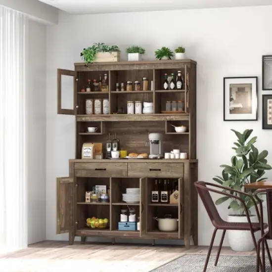 Costway Kitchen Pantry Cabinet with Microwave Countertop Double Glass Doors 2 Drawers image {3}