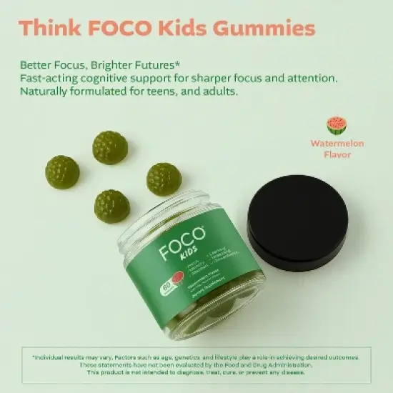 Think FOCO Kids Gummies (Watermelon, Ages 4+) Focus Supplement for Children - Kids Brain Health Support, Concentration, Learning, Memory and Attention image {1}