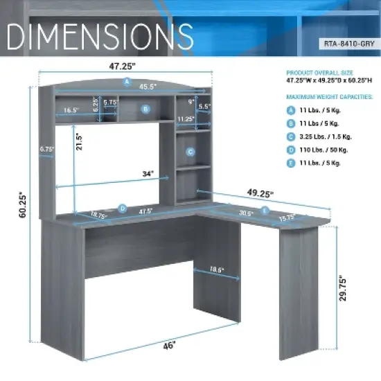 Modern L Shaped Desk with Hutch Gray - Techni Mobili image {5}