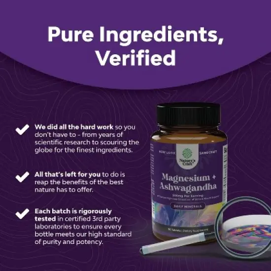 Magnesium + Ashwagandha Tablets, Calming Magnesium Supplement for Mood Sleep and Relaxation, Nature's Craft, 90ct image {4}