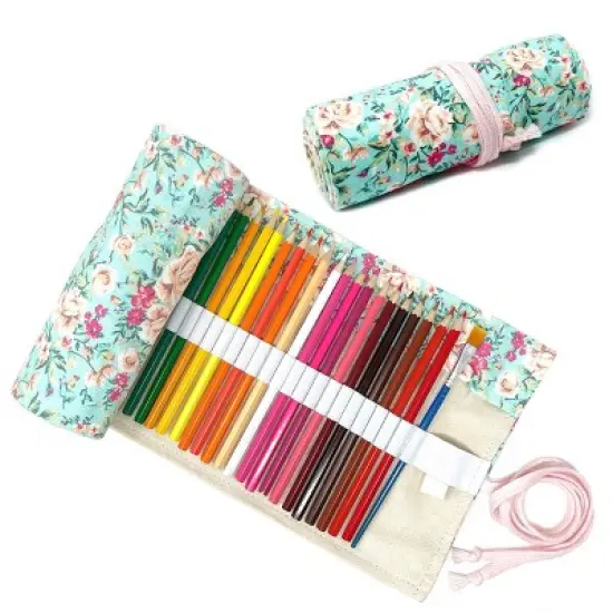 Wrapables Pencil Roll Organizer, Colored Pencil Wrap Pouch (72 slots), Pink Rose on Teal image {6}