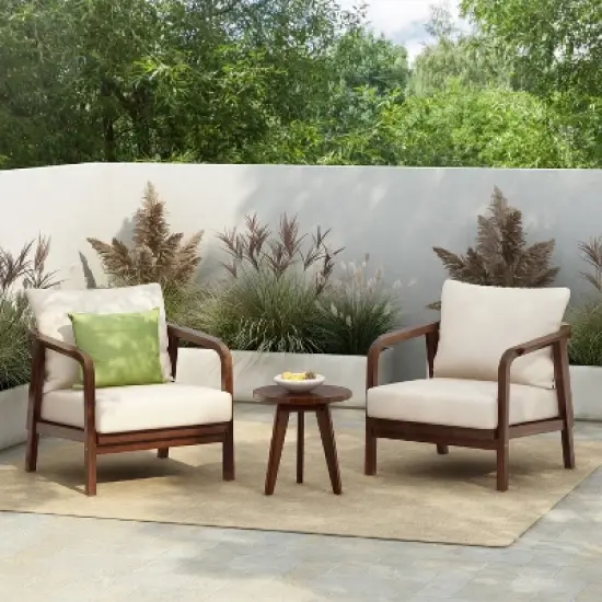 Christopher Knight Home Sylas 3 Piece Modern Acacia Wood Patio Seating Set with Woven Backrest and Deep Cushions image {10}